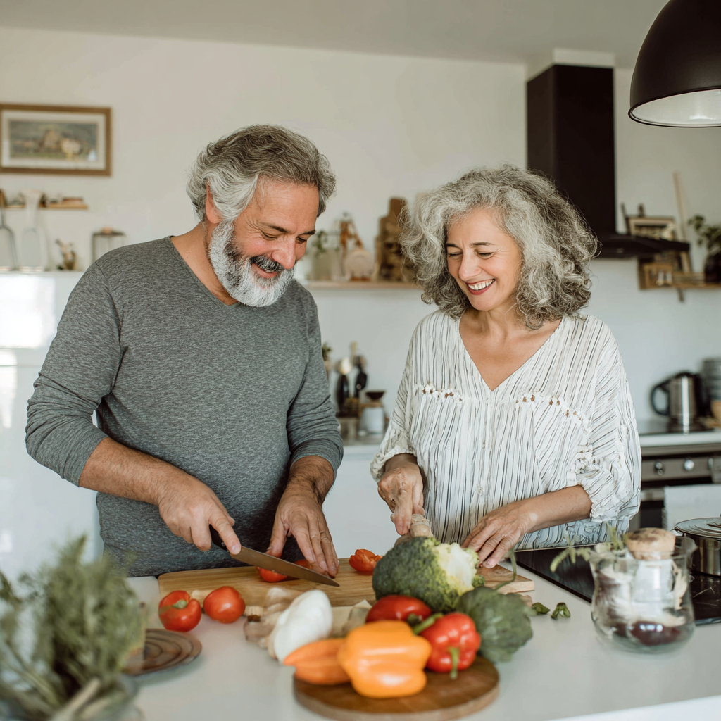 Mature couple in their fifties enjoying healthy cooking together in bright kitchen