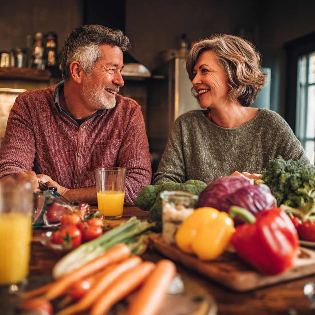 Middle-aged adults planning their nutritious meals together at kitchen table